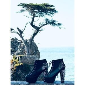 Spike Black Leather Silver Metal Spike Stud Platform Laceup Shoe Boots Sz 6.5